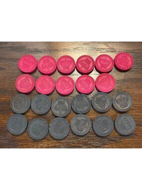 Vintage Japanese Crown-Themed Checker Pieces 3/4" Red & Black - Hal-sam Style